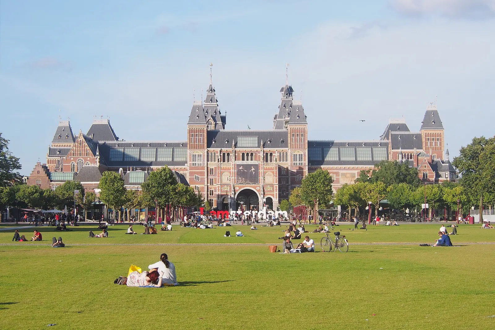 The Rijksmuseum seen across the lawns of Museumplein