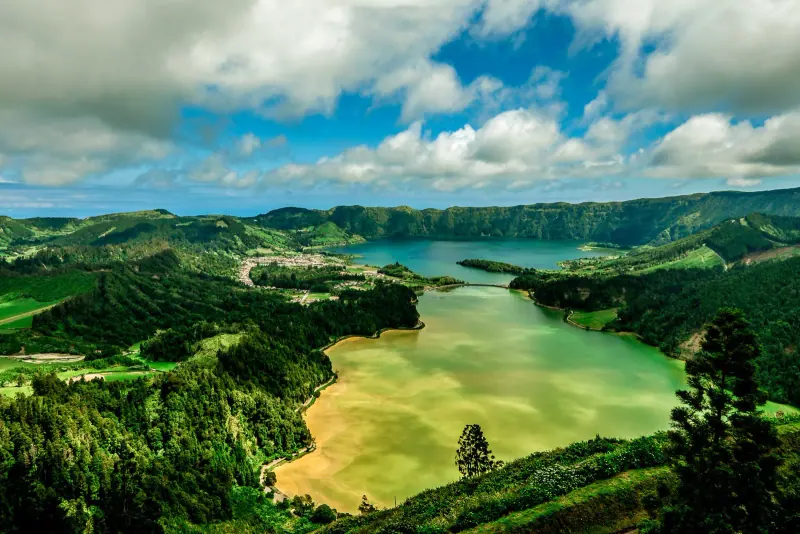 The green and blue twin lakes of Sete Cidades inside a crater on Sao Miguel in the Azores