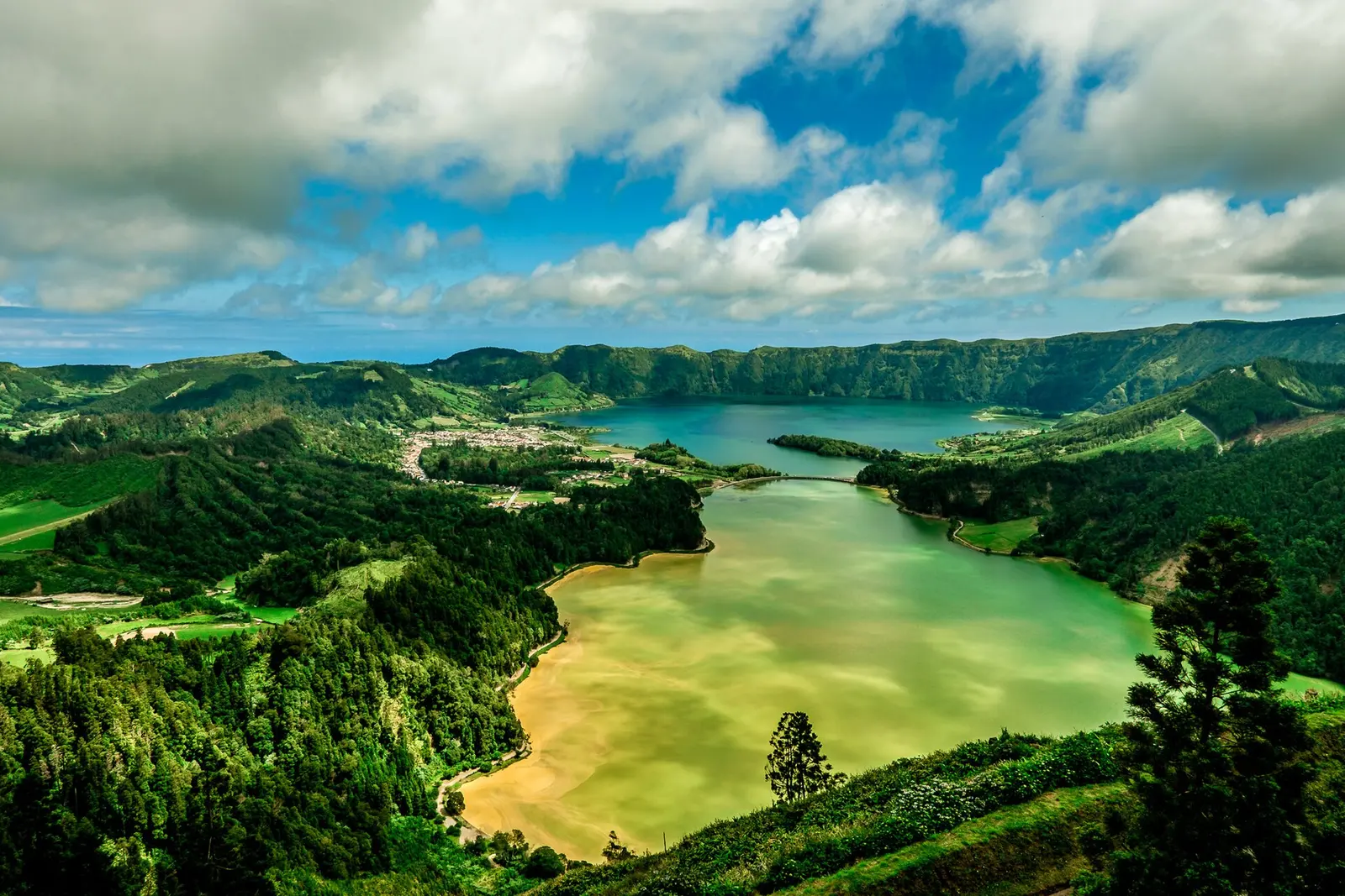 The green and blue twin lakes of Sete Cidades inside a crater on Sao Miguel in the Azores