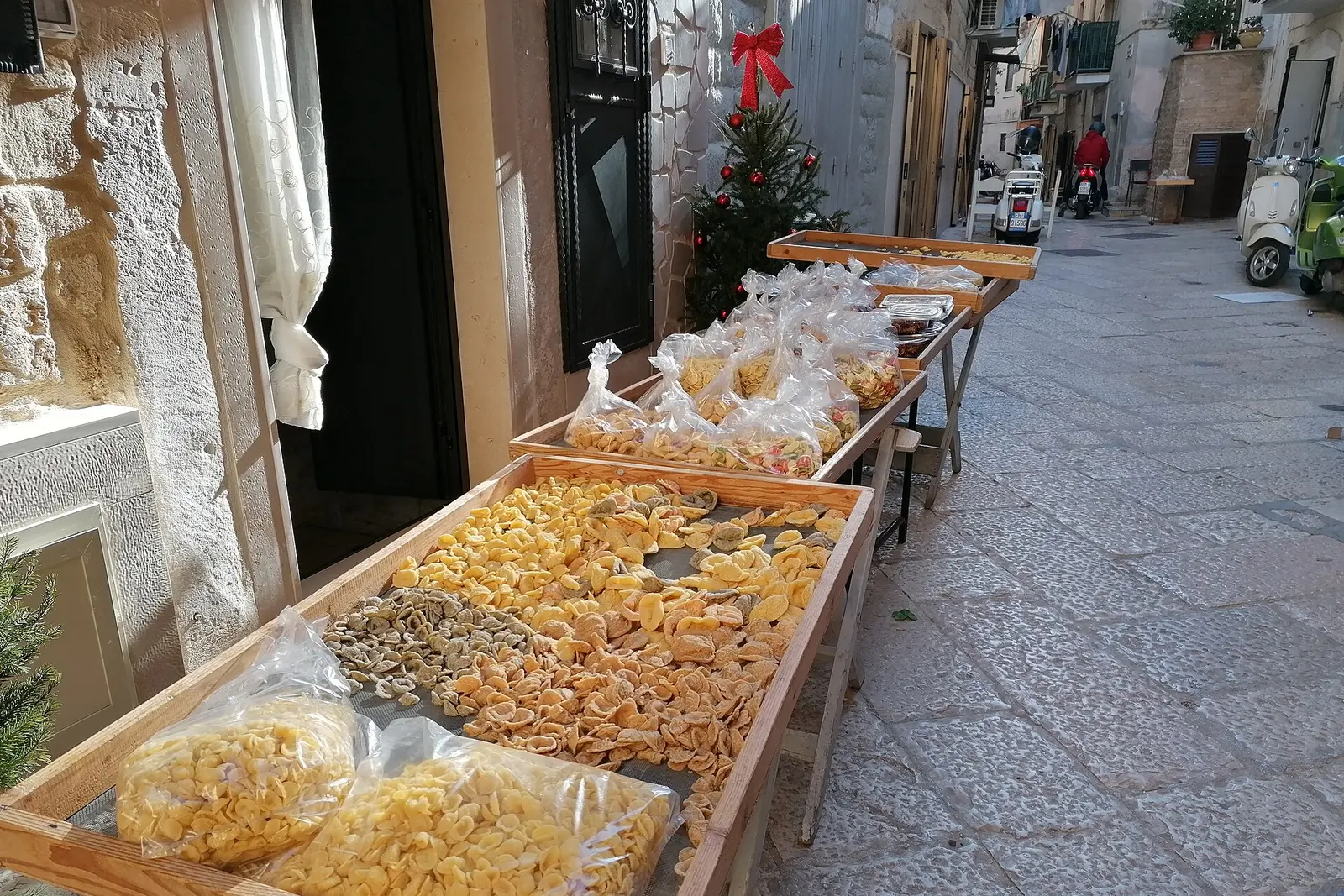 Hand-shaped orecchiette drying on a Bari Vecchia doorstep