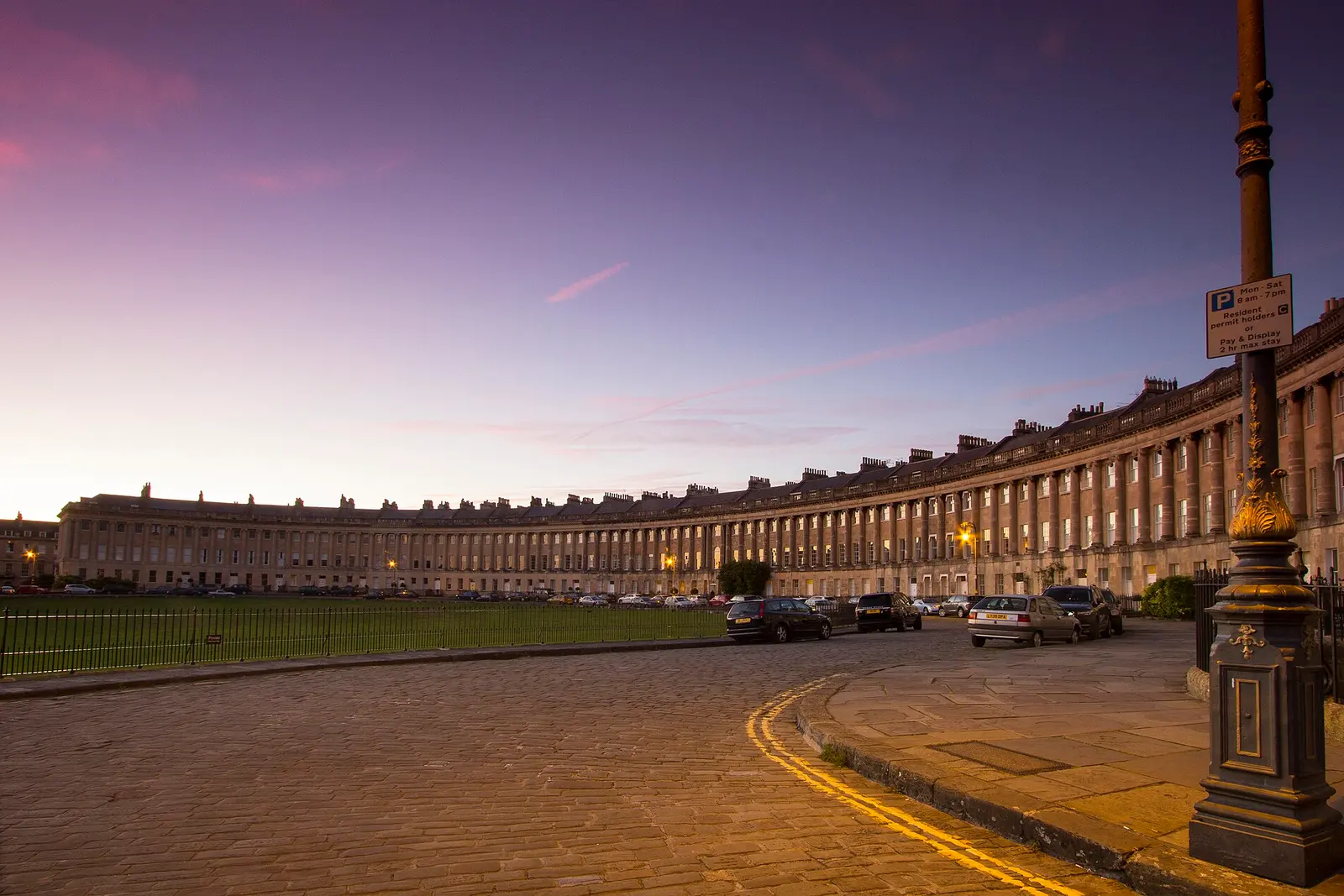 The Royal Crescent curving above its lawn in Bath
