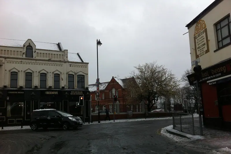 A street corner at Broadway and the Falls Road in west Belfast