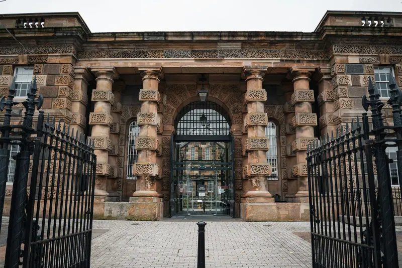 The gatehouse entrance and iron gates of Crumlin Road Gaol