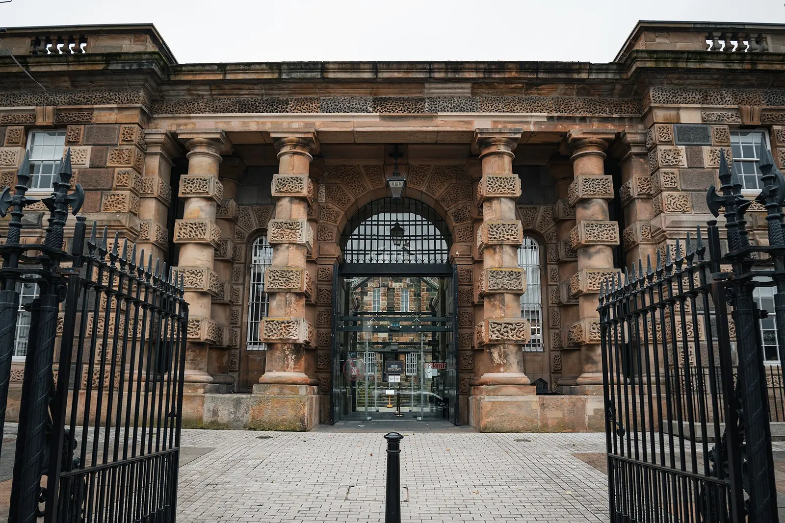 The gatehouse entrance and iron gates of Crumlin Road Gaol