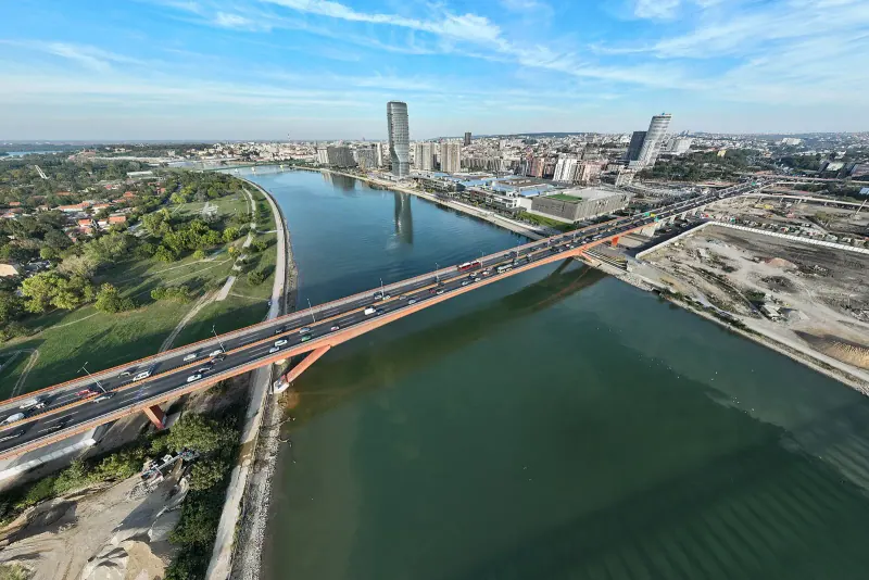The Sava river and bridges from the air