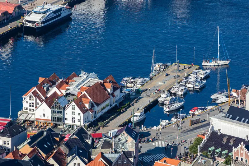 Aerial view over the Bryggen wharf and Vagen harbour in Bergen