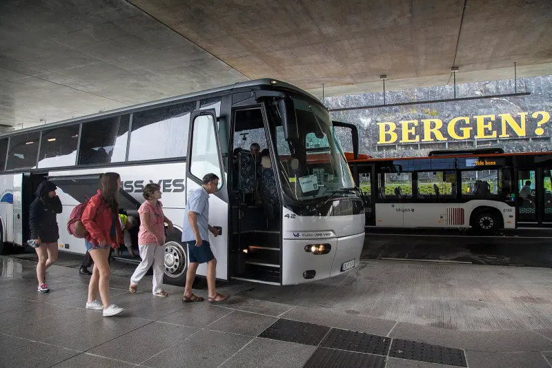 Airport coaches boarding at Bergen Airport Flesland