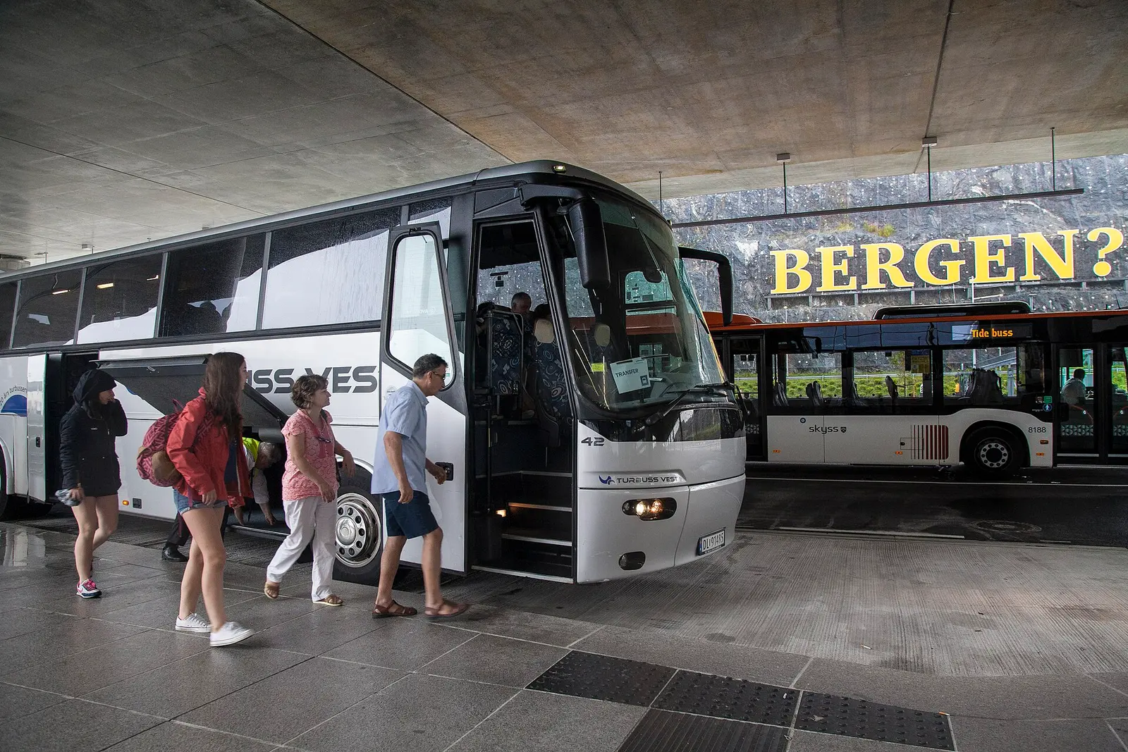 Airport coaches boarding at Bergen Airport Flesland