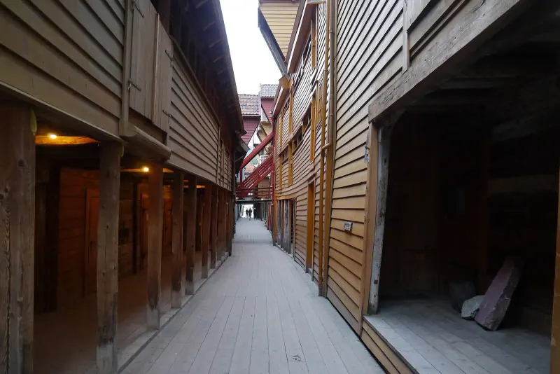 Narrow alley between the wooden Hanseatic tenements of Bryggen
