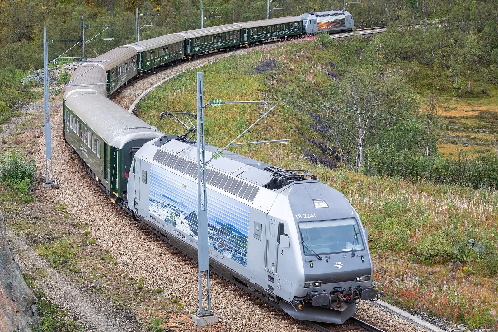 The Flam railway train winding through the Flam valley