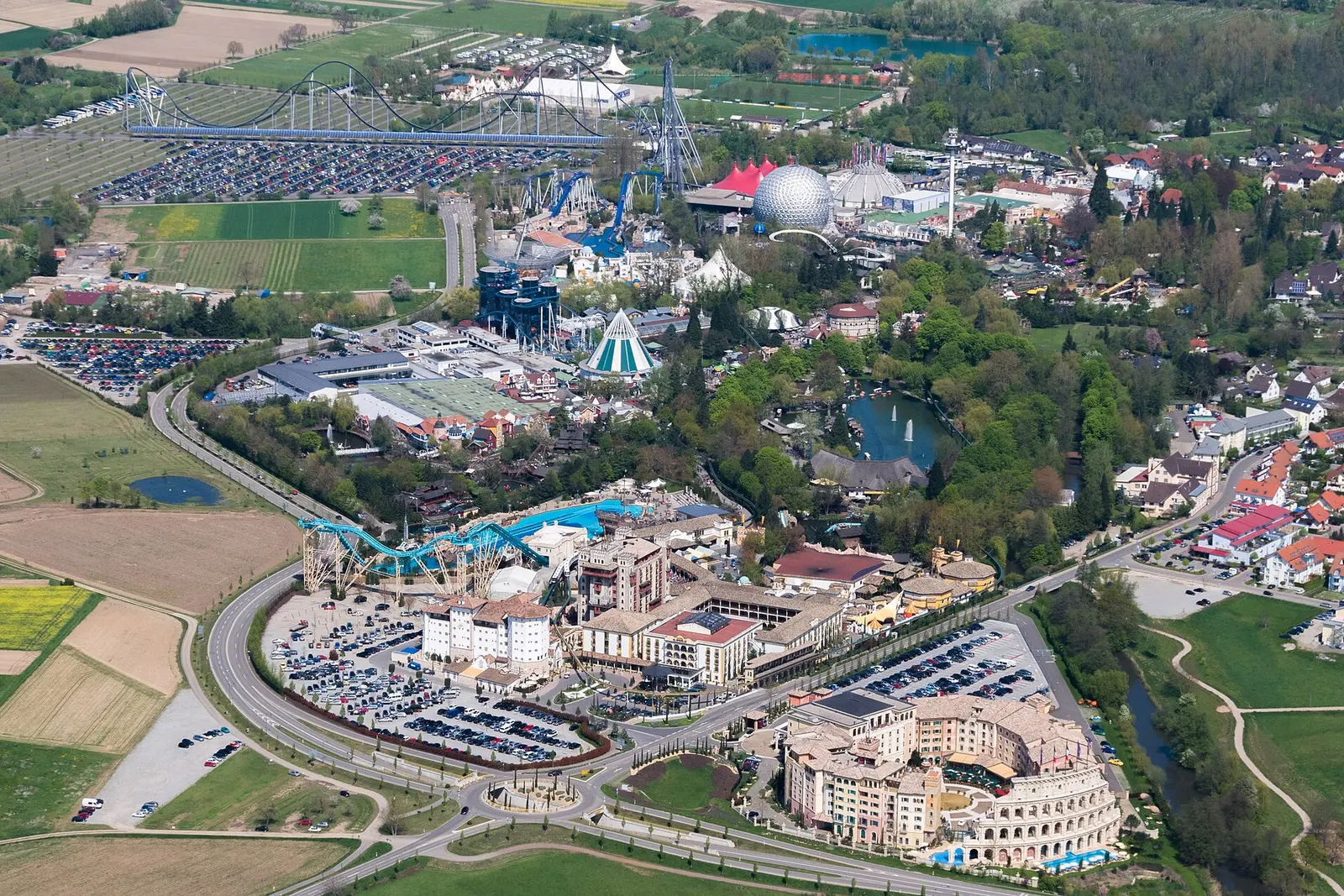 Europa-Park seen from the air, with its rides and themed areas