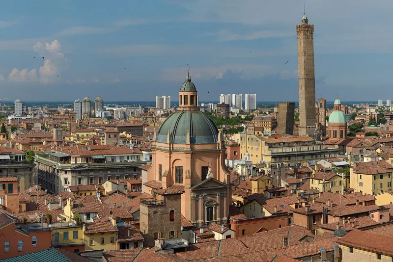 Bologna rooftops and the medieval towers from San Luca