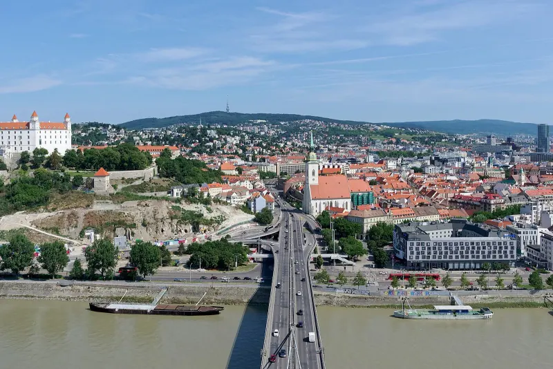 Bratislava's old town, castle and the SNP bridge from the air