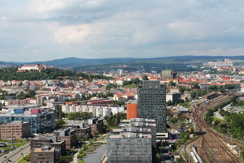 Brno skyline from AZ Tower, with the cathedral and old town rooftops