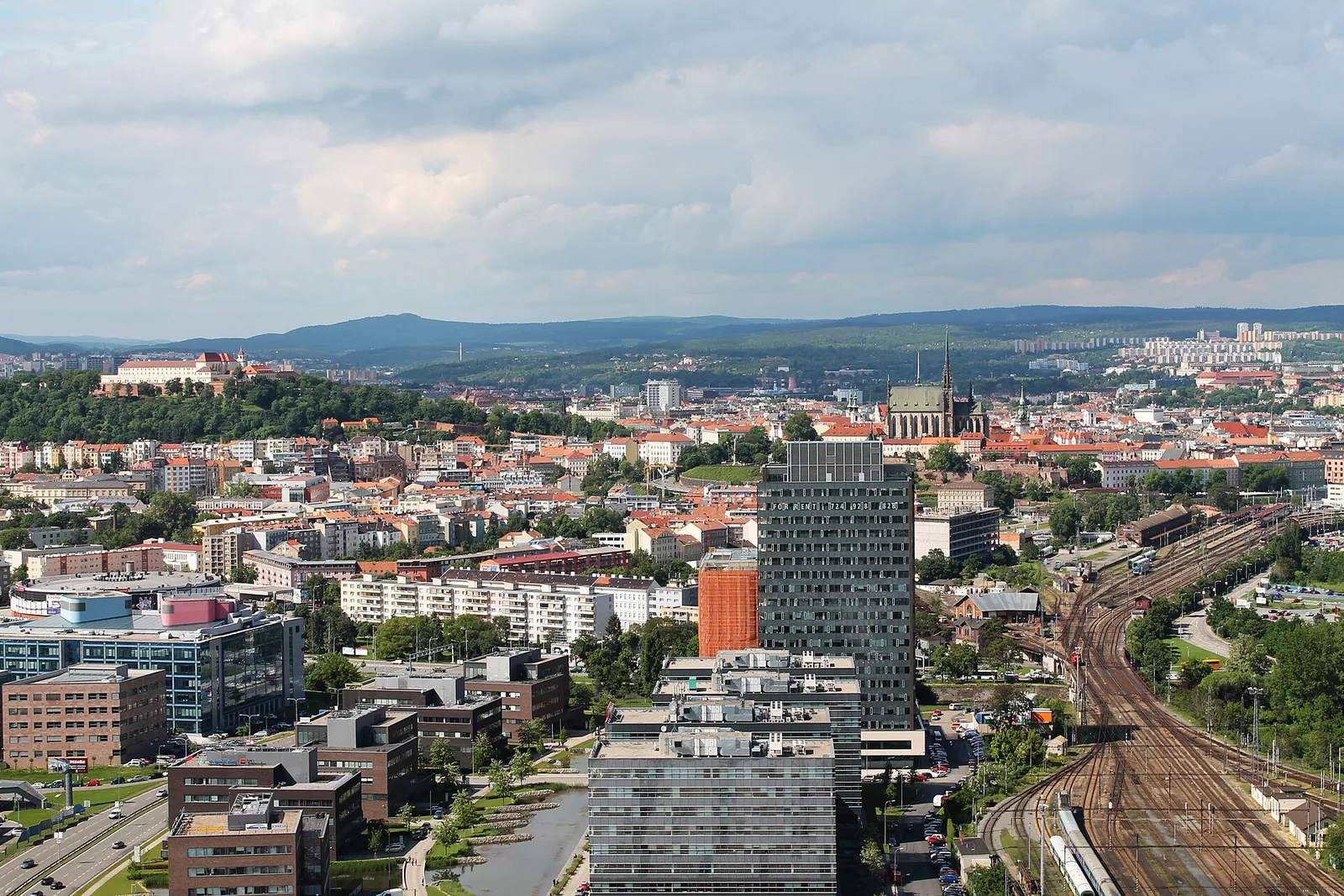 Brno skyline from AZ Tower, with the cathedral and old town rooftops