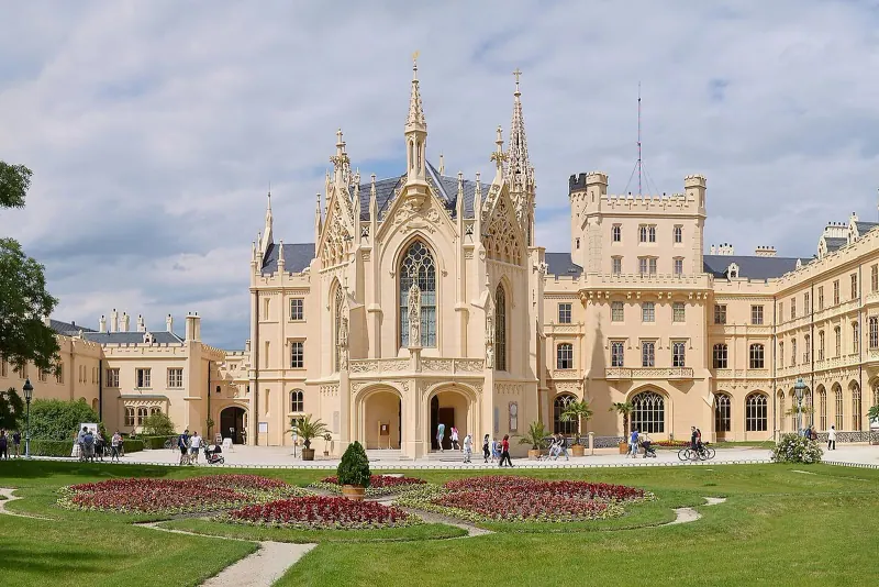 Lednice Chateau gothic revival facade and formal gardens