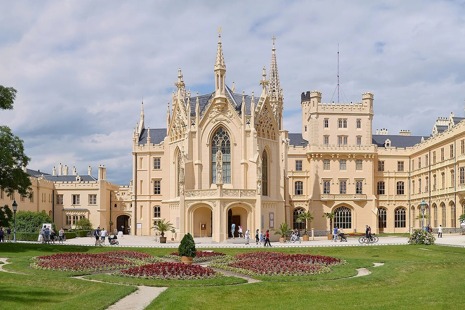 Lednice Chateau gothic revival facade and formal gardens
