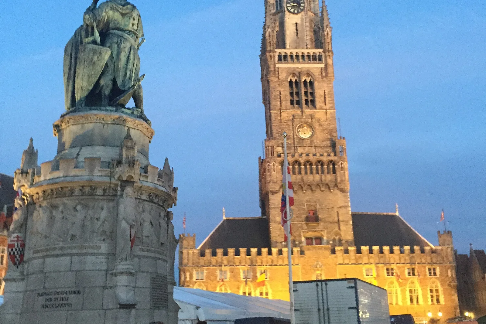 The Bruges Belfry above the Markt and the Breydel-De Coninck statue