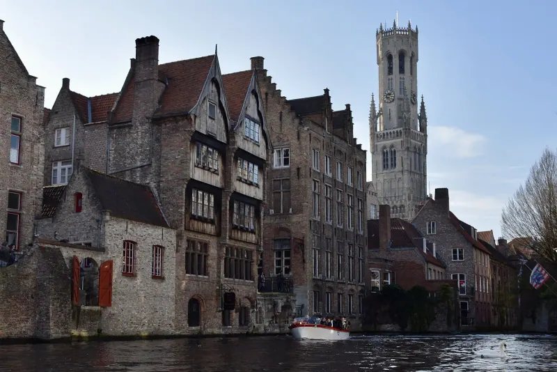 The Rozenhoedkaai canal and Belfry in Bruges