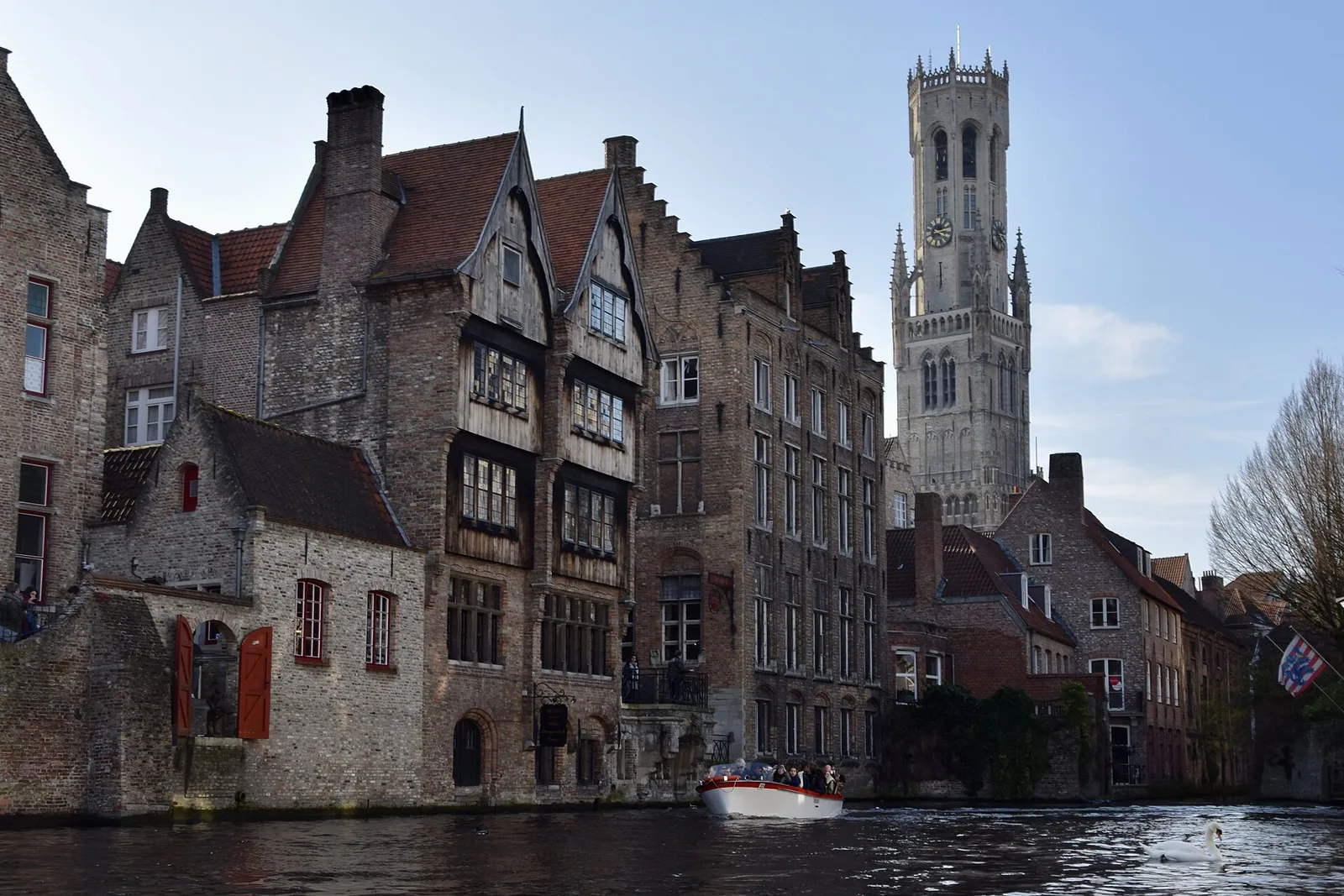 The Rozenhoedkaai canal and Belfry in Bruges