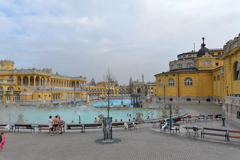The outdoor pools of Szechenyi Baths