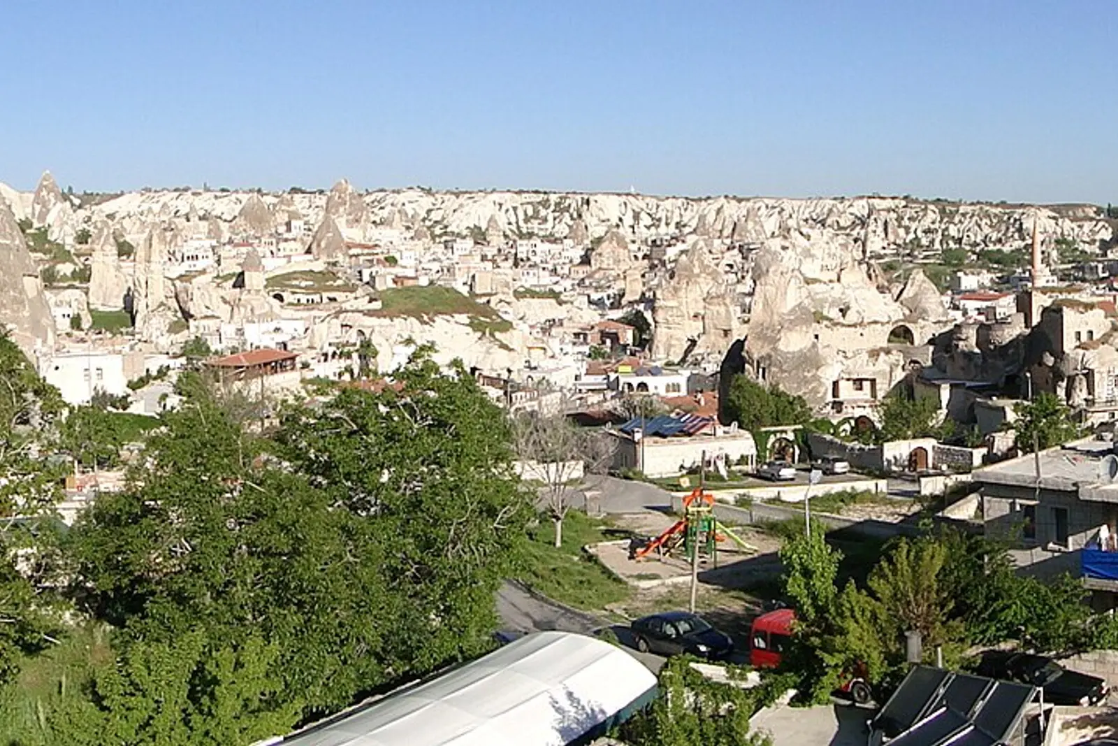 Panorama over Goreme town from a cave hotel terrace