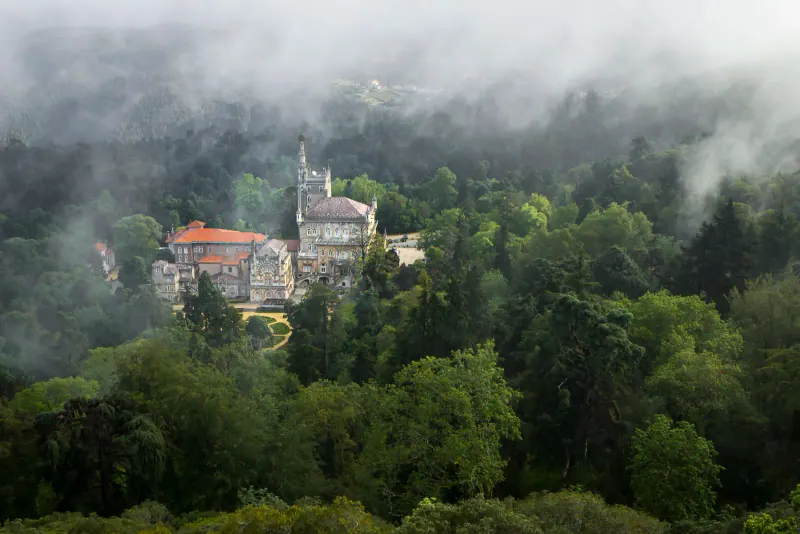 The Palace Hotel do Bussaco seen through misty forest from a viewpoint