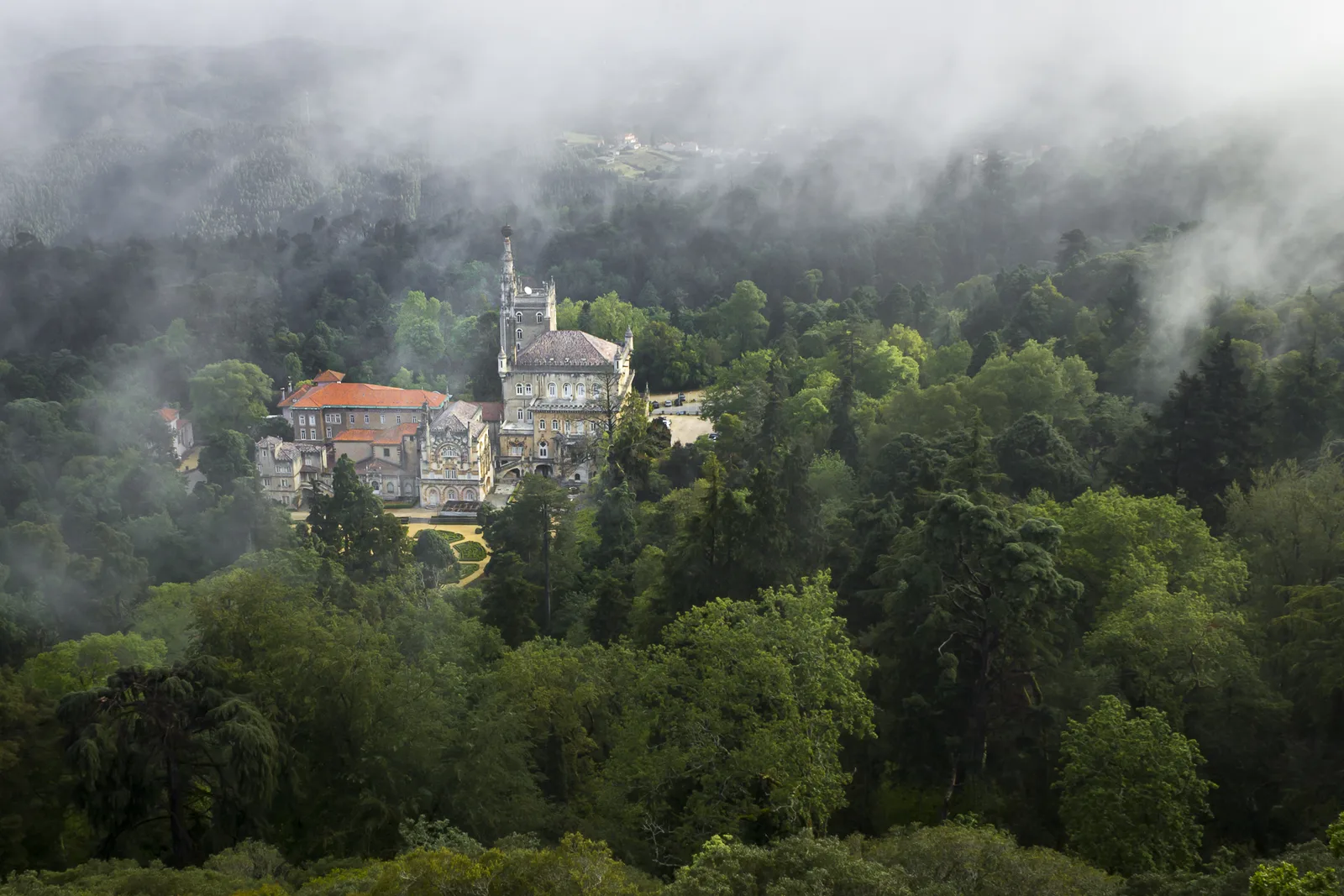 The Palace Hotel do Bussaco seen through misty forest from a viewpoint