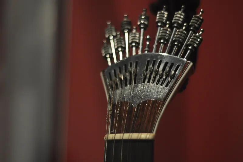 Close-up of a Portuguese guitar's ornate tuning head, the signature instrument of Coimbra fado