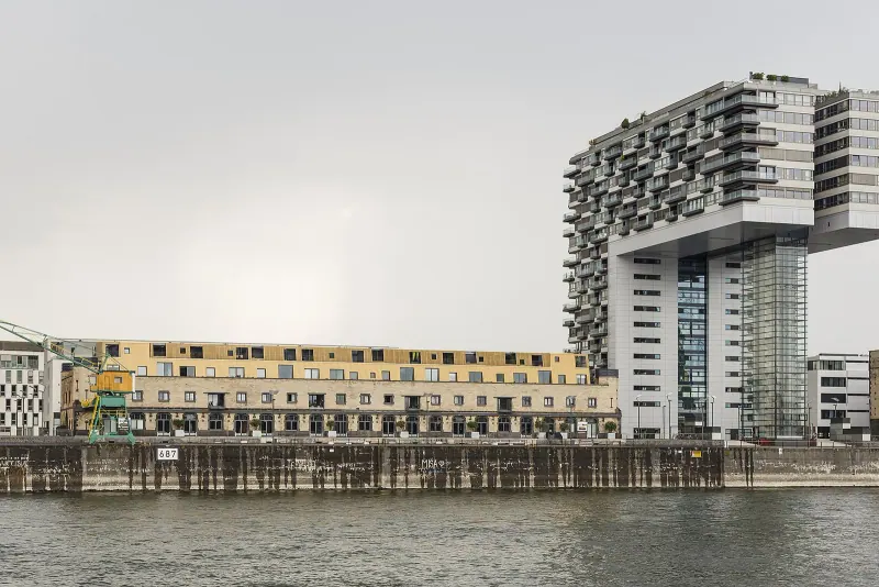 Kranhaus towers on Cologne's Rheinauhafen waterfront