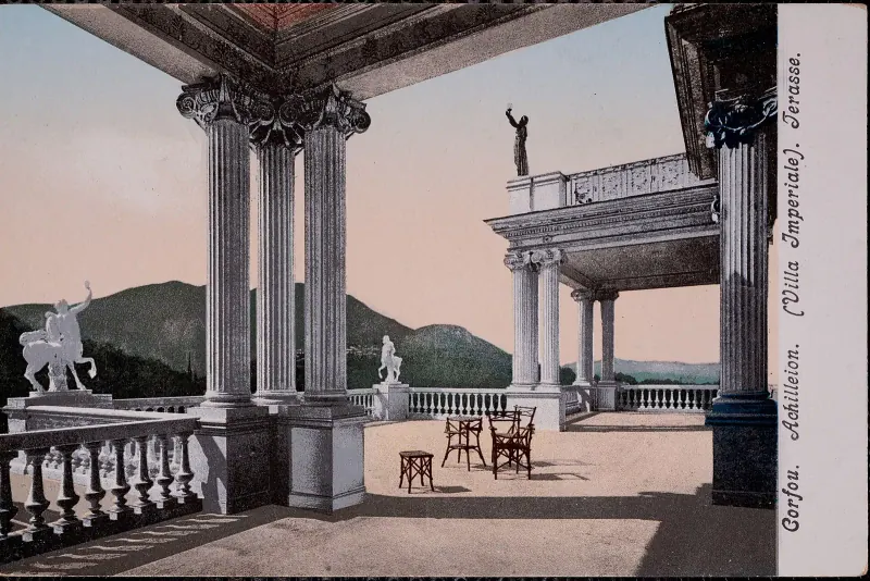 Achilleion palace terrace and statues