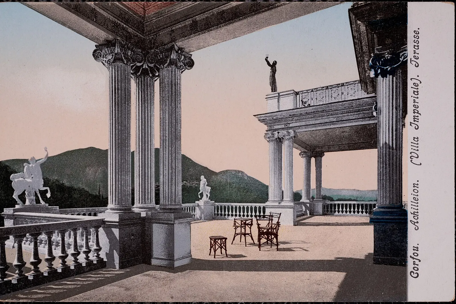 Achilleion palace terrace and statues