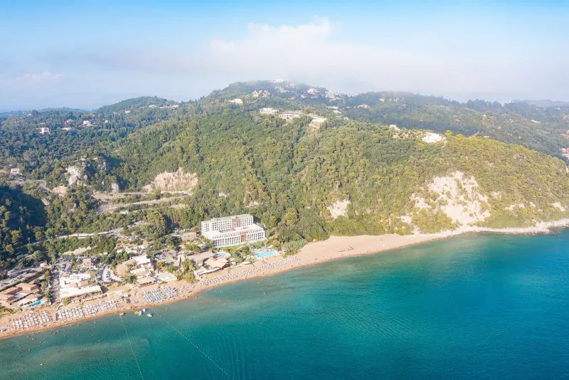 Aerial of a Corfu beach bay