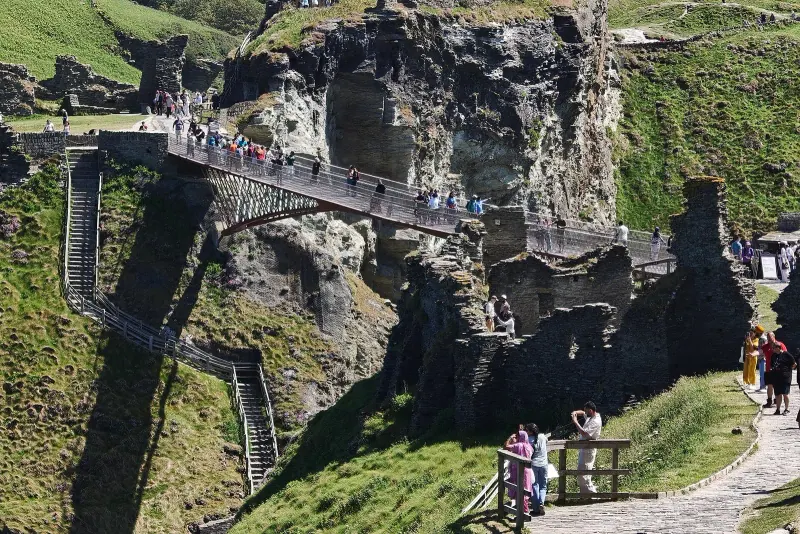 Footbridge linking the cliffs at Tintagel Castle with ruins on the rocky headland above the sea