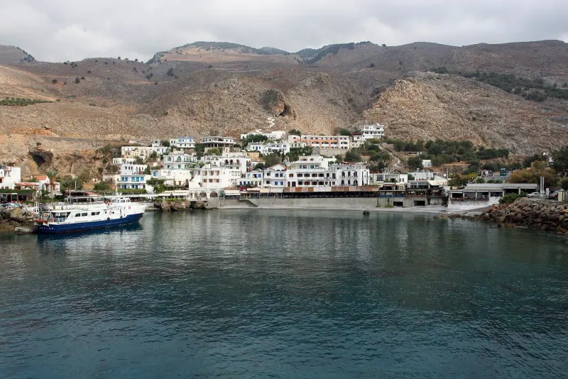 A white coastal village beneath the mountains, Crete