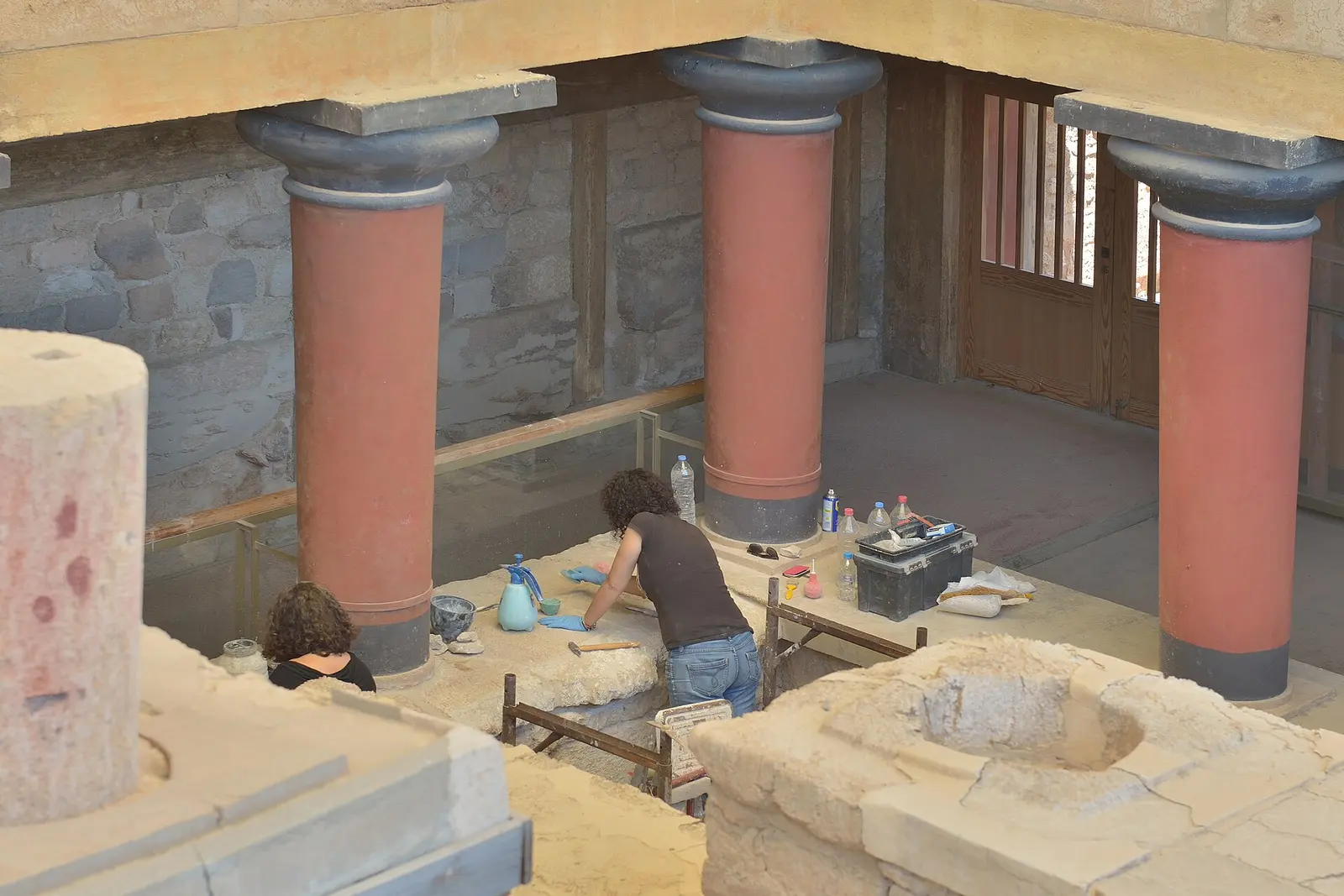 Red columns of the reconstructed palace at Knossos, Crete