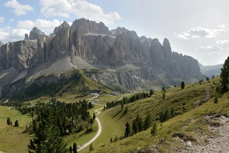 A road winding below the Sella group at the Frea pass