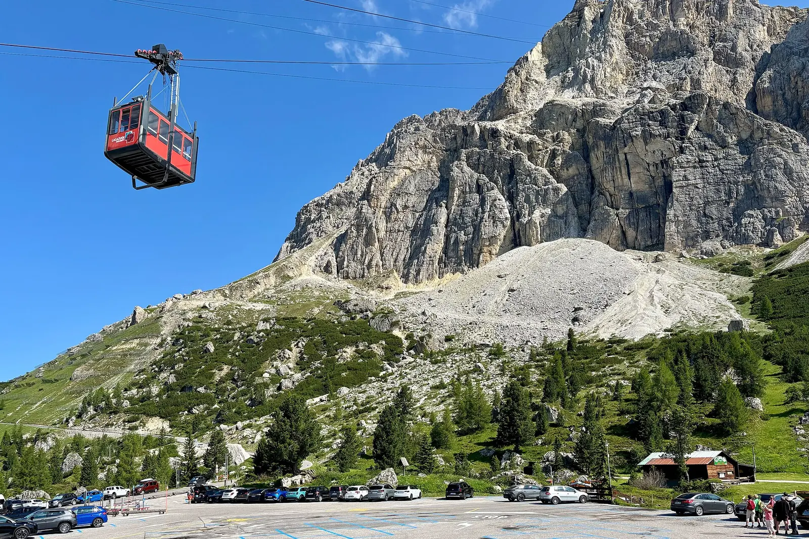 The Lagazuoi cable car climbing above Passo Falzarego