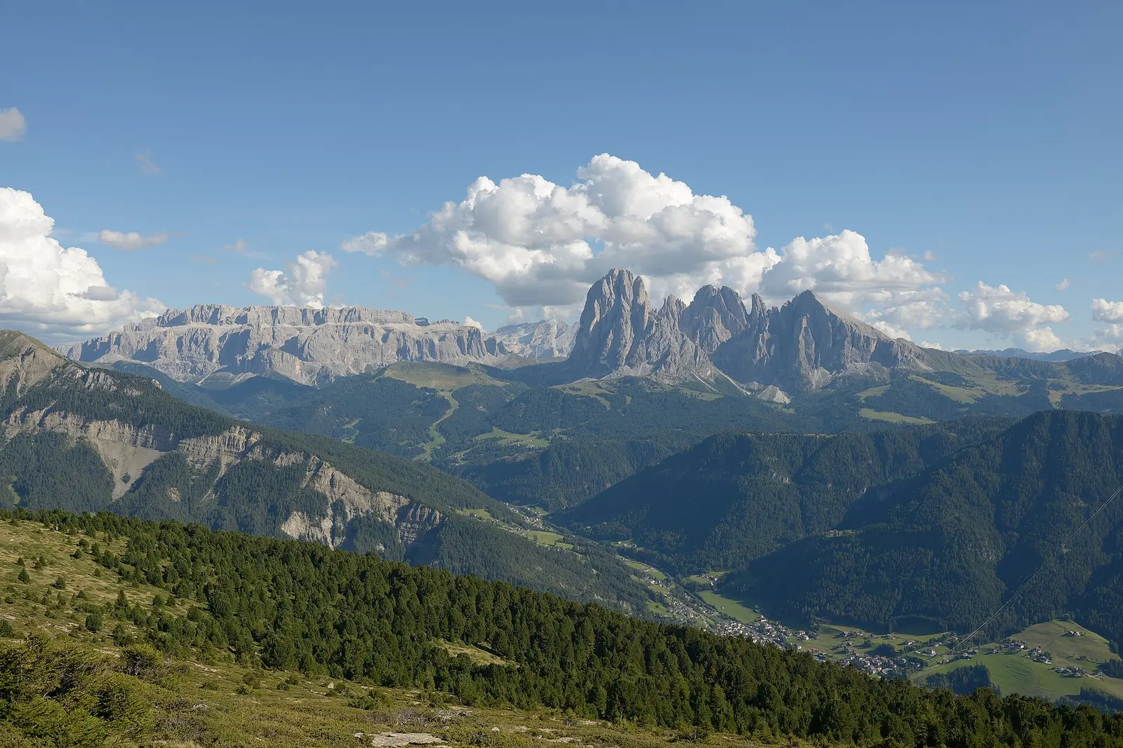 Val Gardena with the Sella and Sassolungo massifs behind