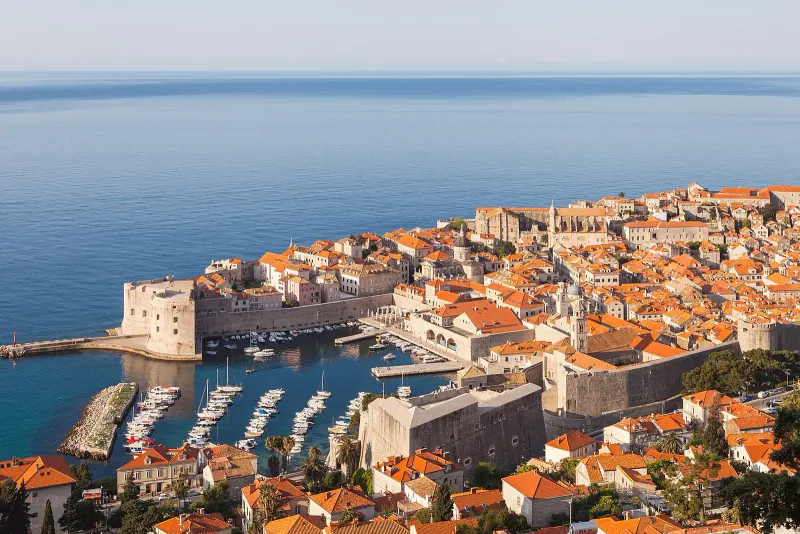 Dubrovnik old town and city walls seen from above the Adriatic
