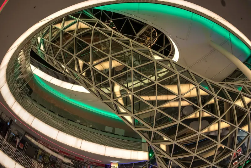 The glass facade of MyZeil on Frankfurt's main shopping street