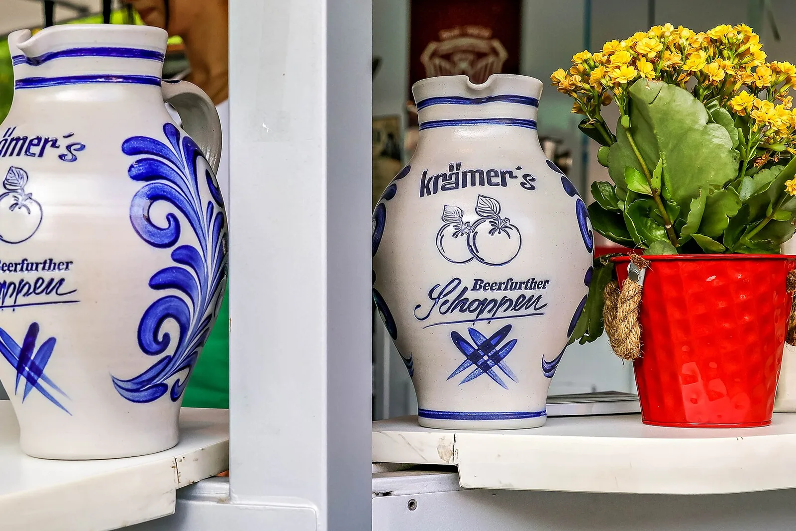 Apfelwein served in traditional blue Bembel pitchers
