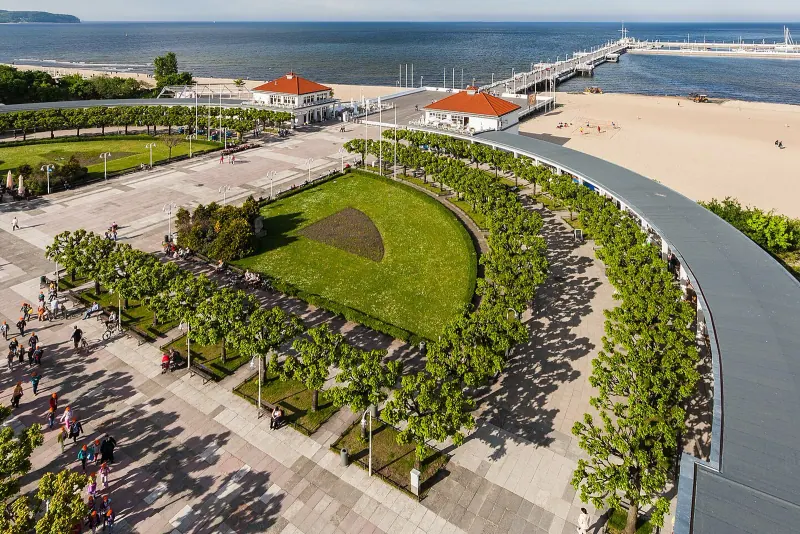 Aerial of Sopot wooden pier stretching into the Baltic beach