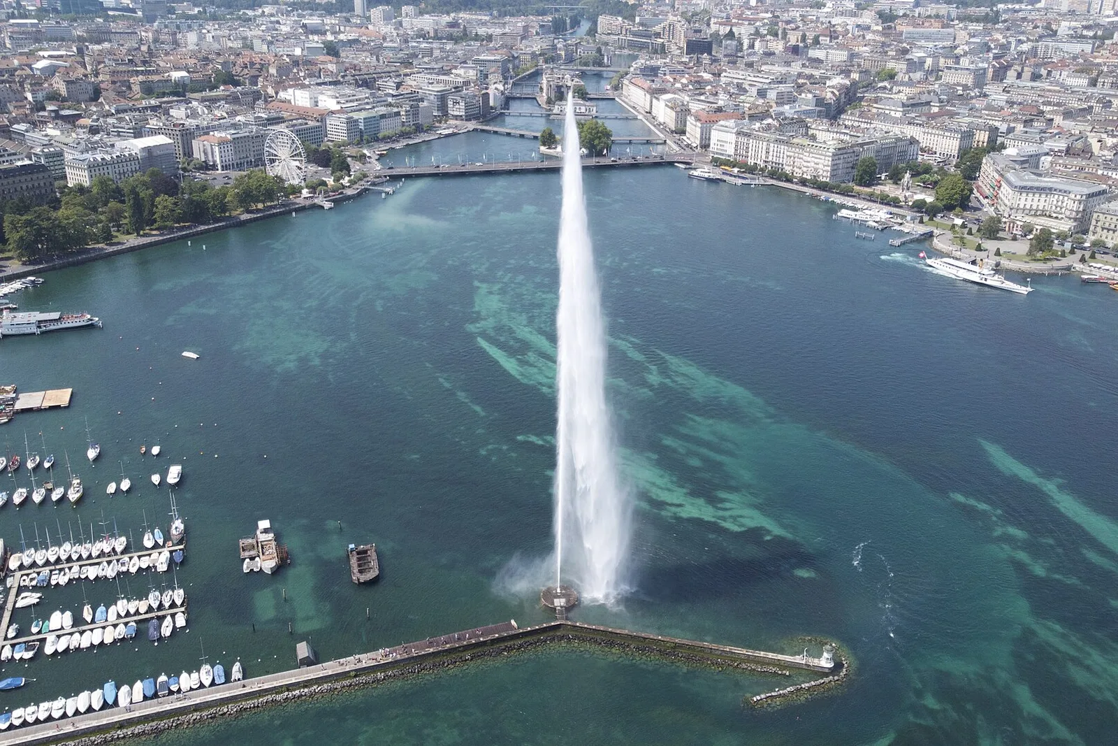 The Jet d Eau fountain on Lake Geneva from above