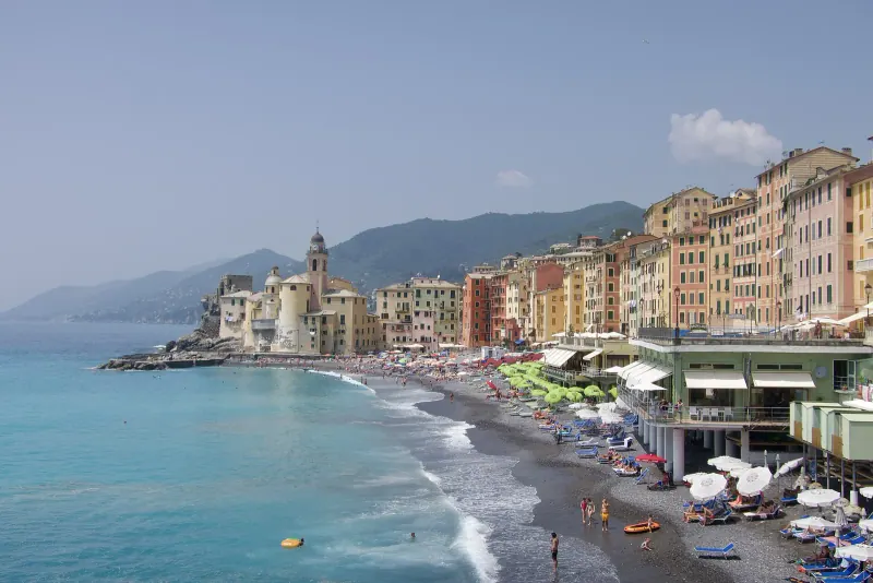 The colourful waterfront and beach at Camogli