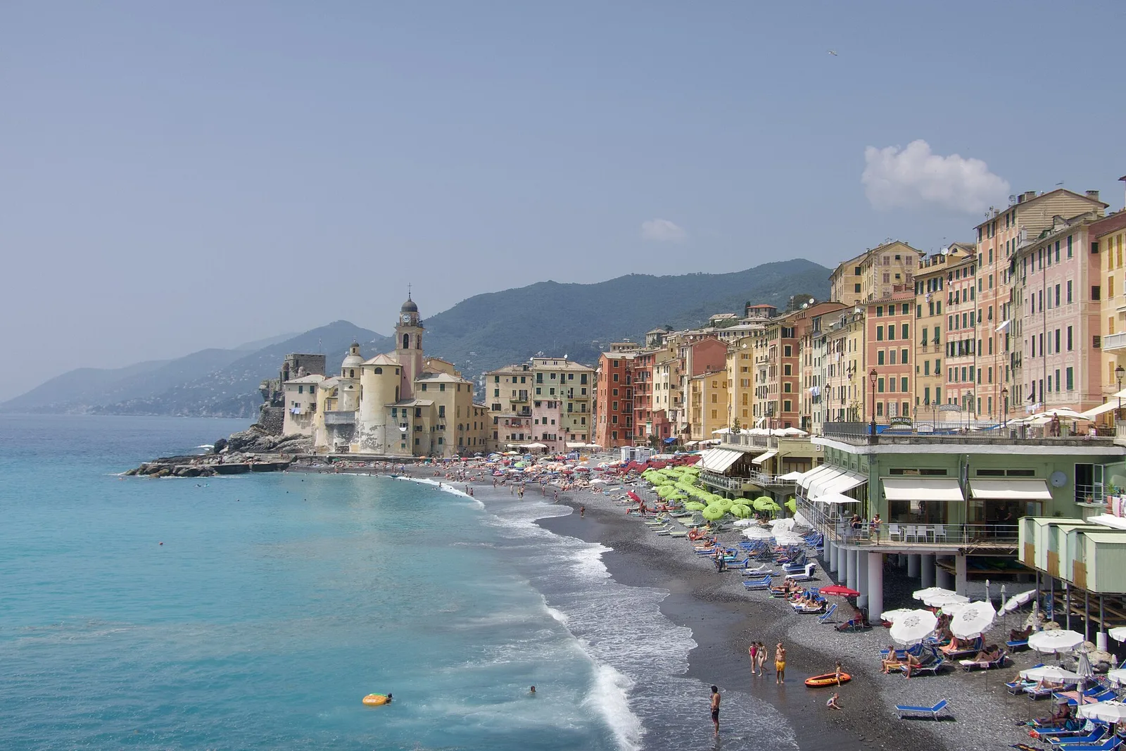The colourful waterfront and beach at Camogli