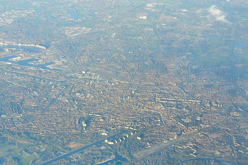 An aerial view over the center of Ghent