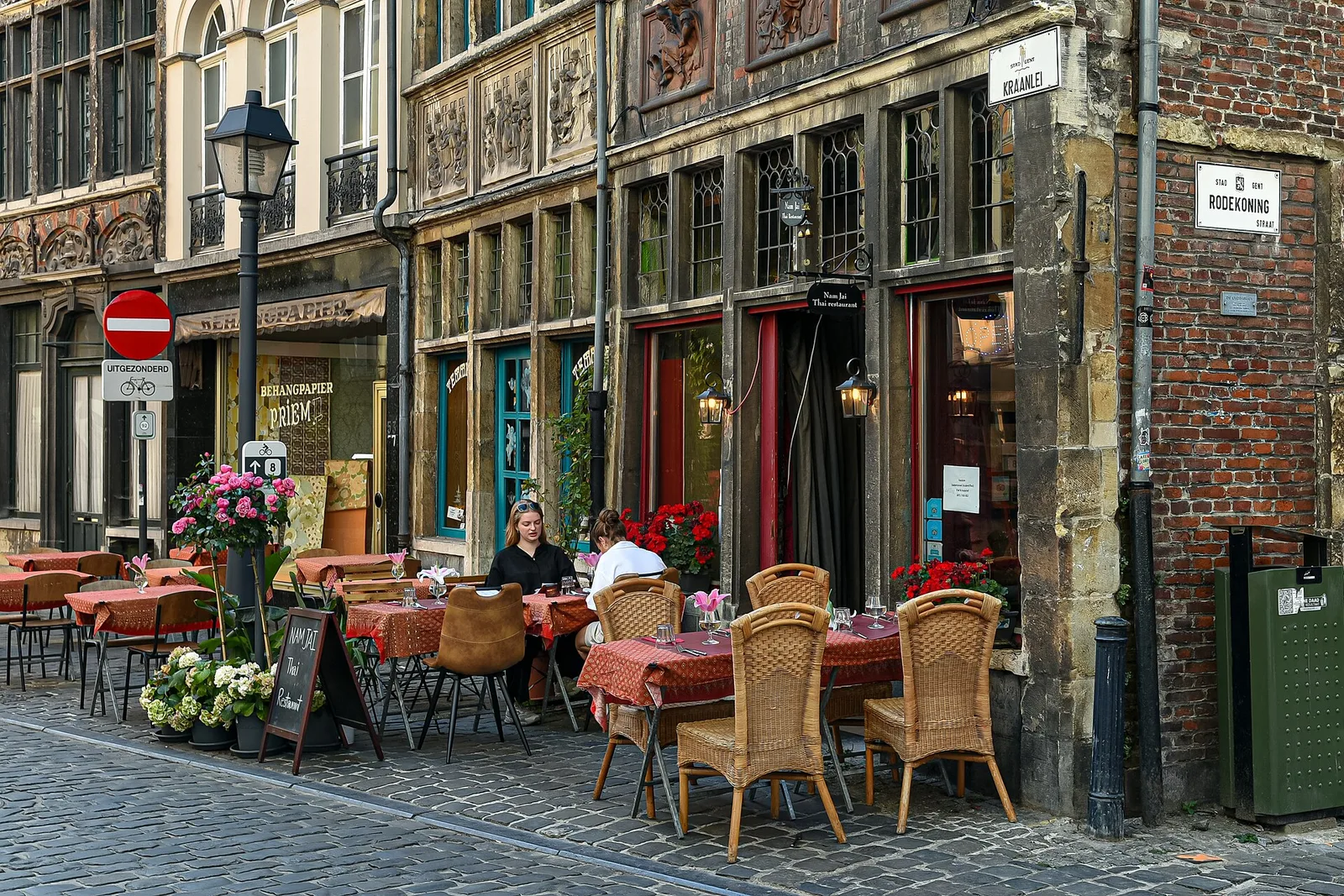 A restaurant row in the Patershol quarter of Ghent