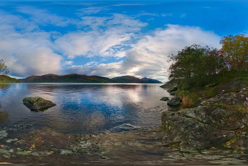 The wooded shore of Loch Lomond under a blue sky