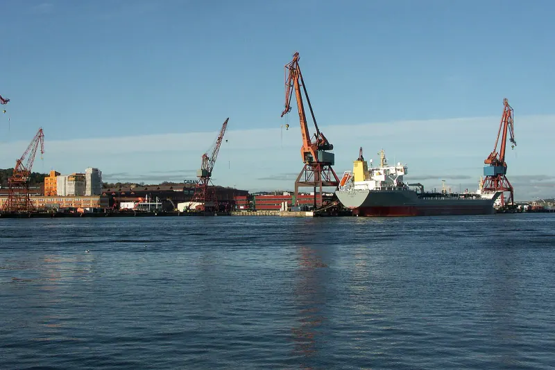Port cranes and ships along the Gothenburg waterfront